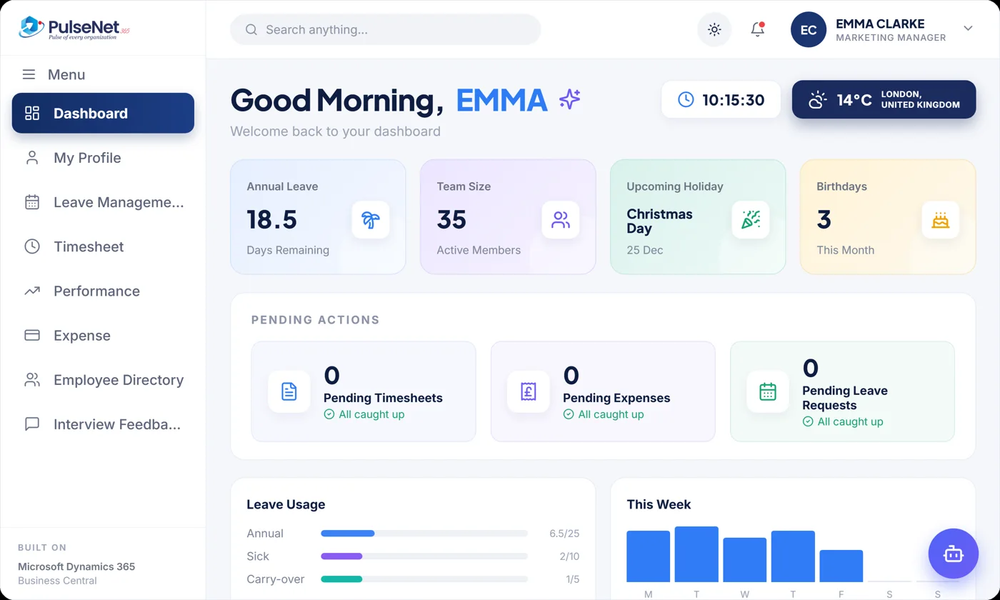 PulseNet365 employee dashboard with UK demo data: Emma Clarke, London, Christmas Day holiday