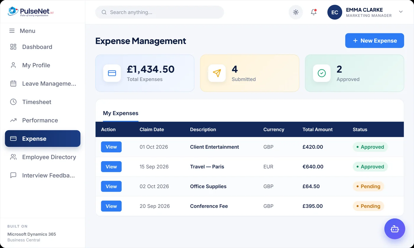 PulseNet365 expense claims in pounds and euros