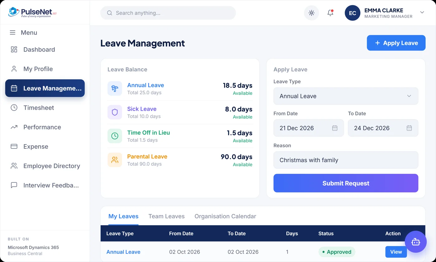 PulseNet365 leave management screen with UK leave types and a Christmas holiday request