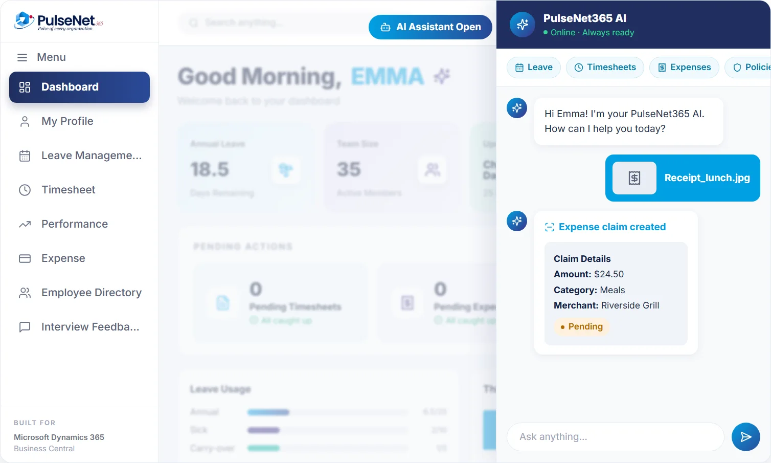 PulseNet365 assistant chat filing an expense claim