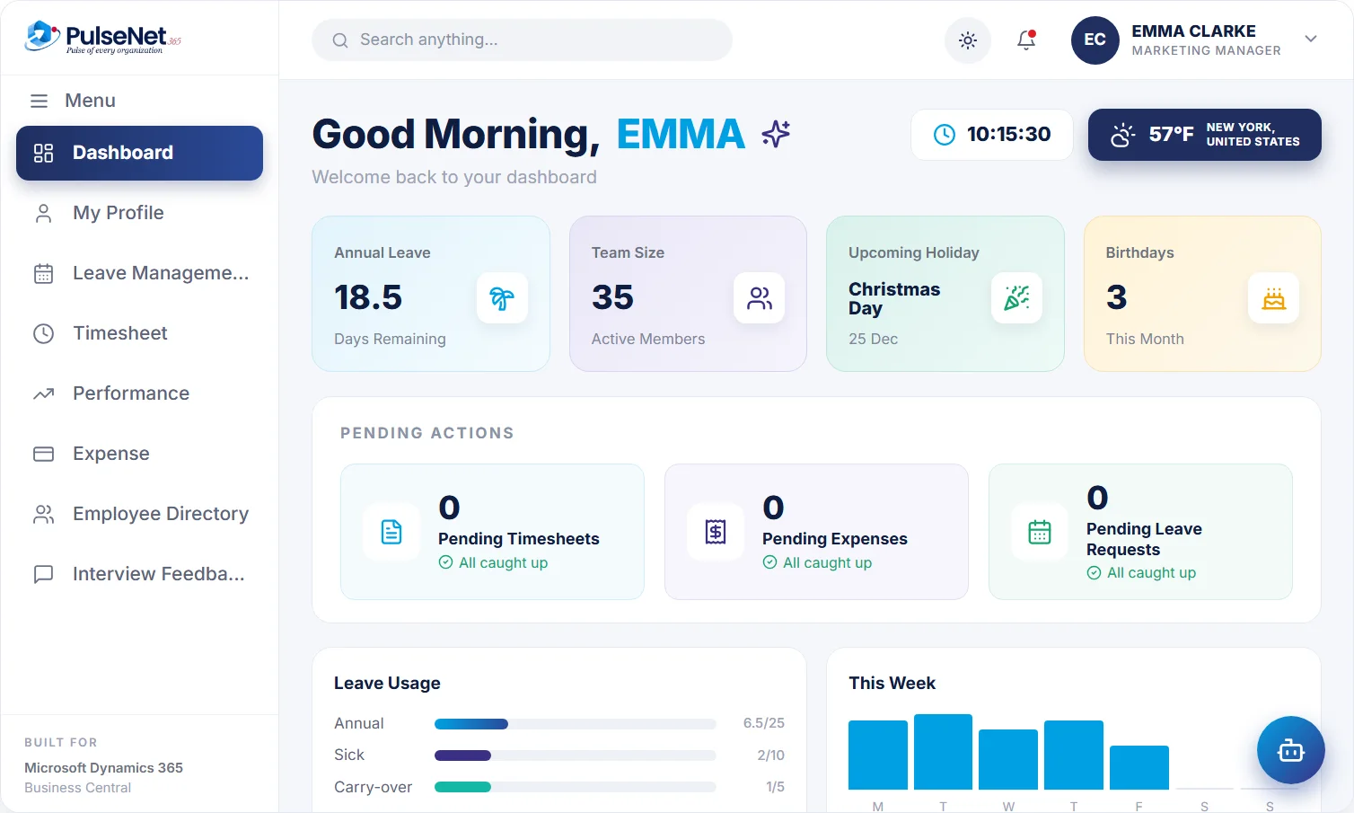 PulseNet365 employee self-service dashboard with leave balance, team and pending actions