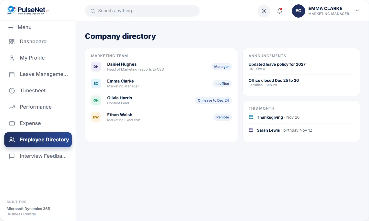 PulseNet365 company directory with team members, announcements and upcoming holidays