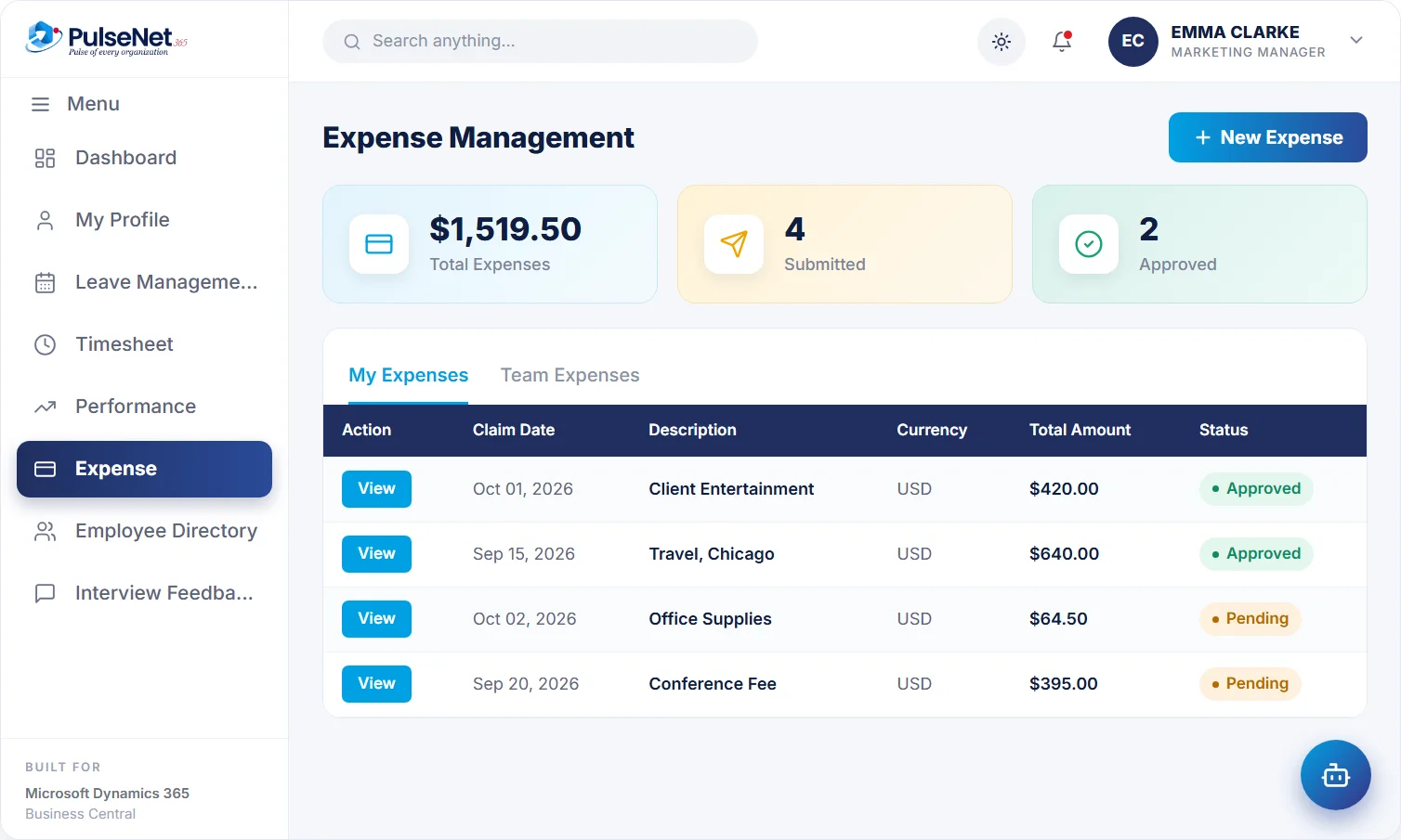PulseNet365 expense claims in US dollars