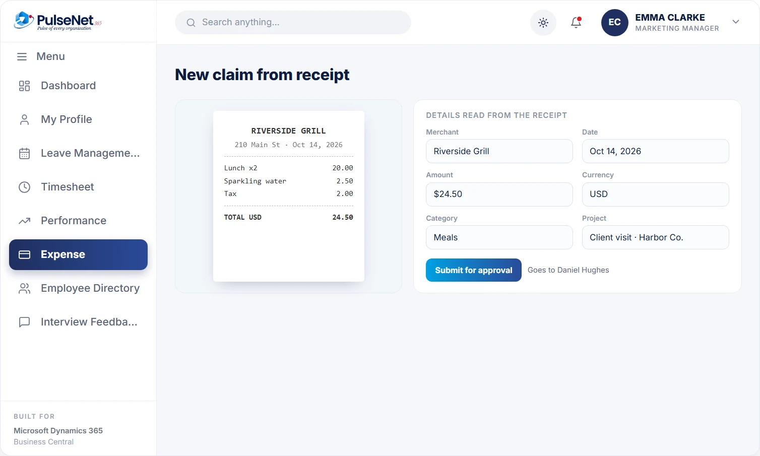 PulseNet365 expense claim with merchant, date, amount and category read from a $24.50 receipt