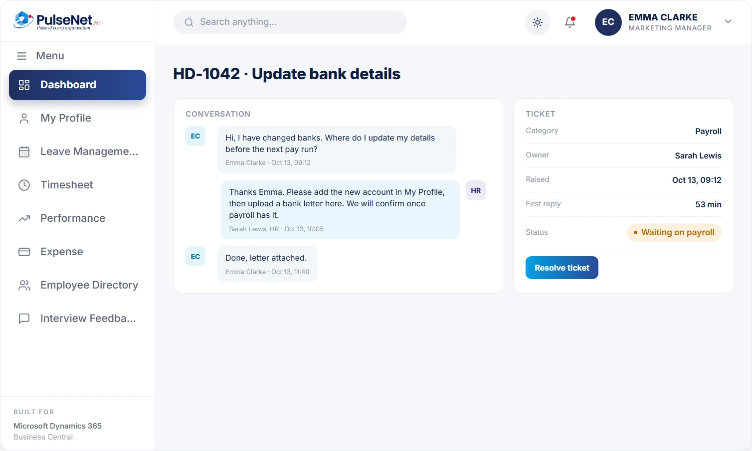 PulseNet365 help desk ticket conversation with category, owner and status