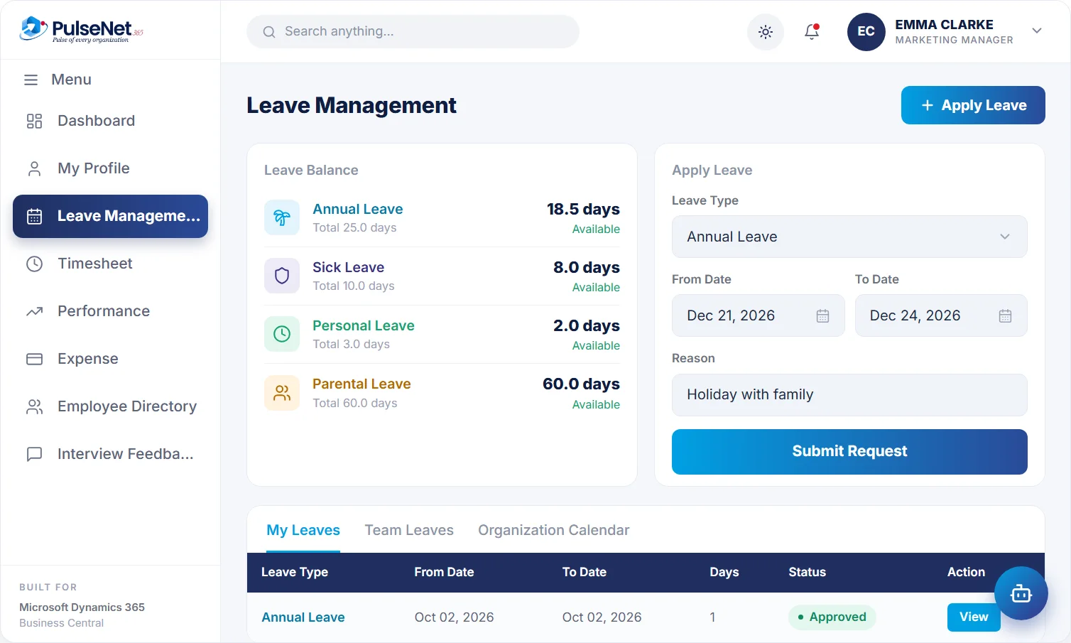 PulseNet365 leave management screen with balances by leave type
