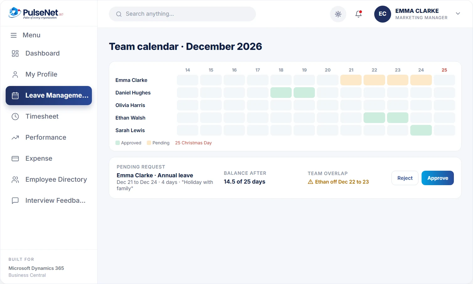 PulseNet365 team leave calendar for December with a pending request, balance after approval and a team overlap warning
