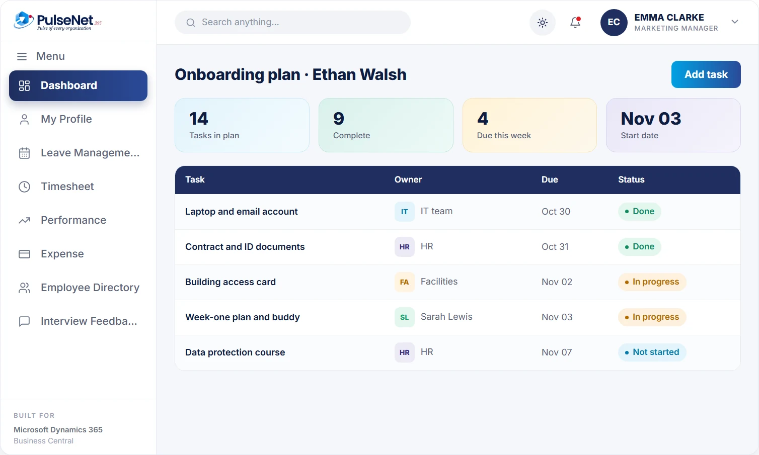PulseNet365 onboarding plan for a new starter with tasks owned by IT, HR, facilities and the line manager