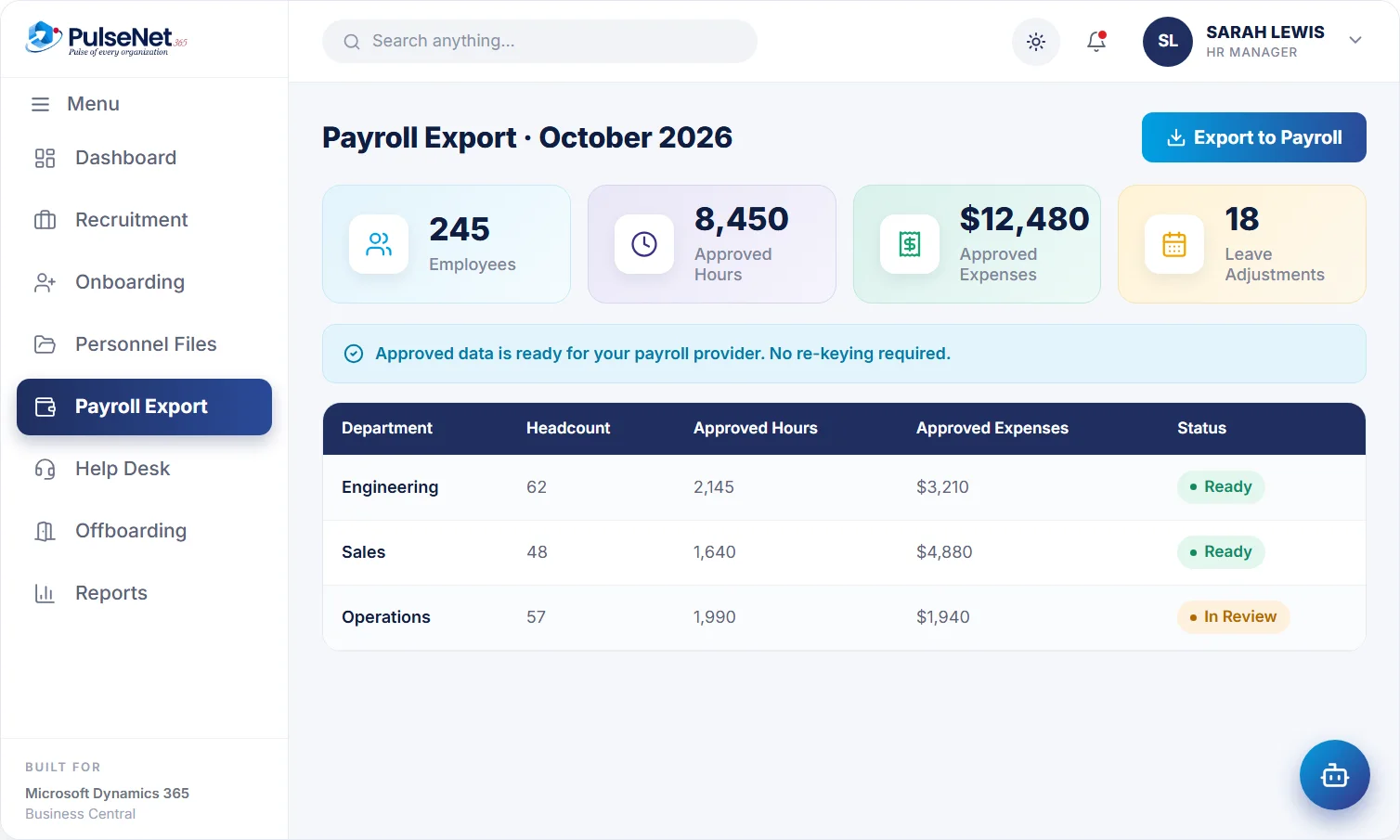PulseNet365 payroll export summary by department