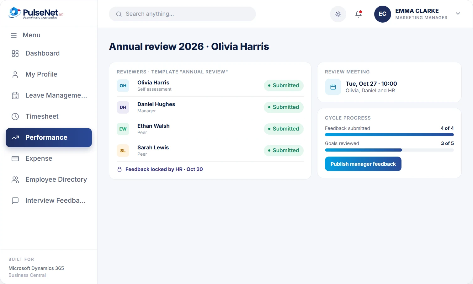 PulseNet365 annual review with self, manager and peer reviewers submitted, feedback locked and a review meeting booked