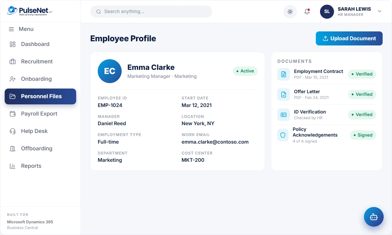 PulseNet365 digital personnel file for Emma Clarke