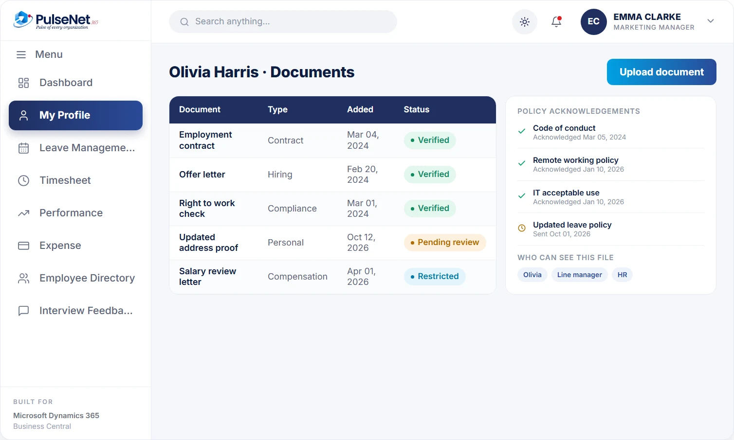 PulseNet365 personnel file documents with verification status and policy acknowledgements
