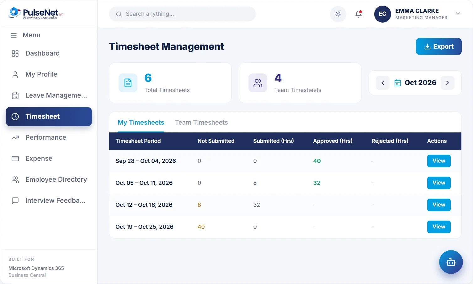 PulseNet365 weekly timesheets